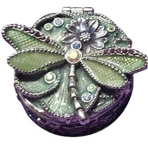 Vtg Monet Enamel Dragonfly Hinged Trinket Box Green